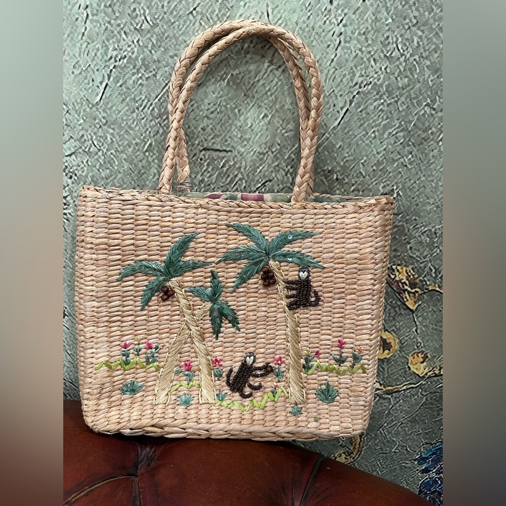 Vintage Cappelli Straw Handbag With Monkey, Flower and Coconut Palm Embroidery
